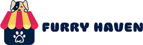 Furry Haven logo featuring a playful cartoon dog peeking over a pet shop awning with pink and yellow stripes, symbolizing friendly, reliable pet care services.