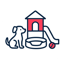 Illustrated icon of a dog sitting beside a play structure and ball, representing Furry Haven&rsquo;s purpose-built play spaces designed for safe exercise and fun.