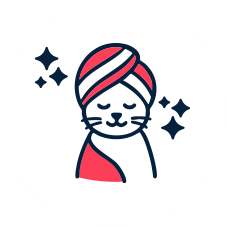 Illustrated icon of a pampered cat wrapped in a towel with sparkles, symbolizing Furry Haven&rsquo;s clean, safe, and comfortable environment where pets feel relaxed and cared for.